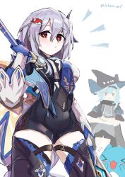  1girl arknights black_hairband black_headwear black_shorts black_thighhighs blue_gloves blue_hair blue_necktie breasts commentary_request cosplay cowboy_shot eula_(genshin_impact) eula_(genshin_impact)_(cosplay) genshin_impact gloves grey_hair hairband hand_up highres looking_at_viewer medium_breasts necktie orca_hair_ornament red_eyes satou_rina shirt short_shorts shorts simple_background skadi_(arknights) skadi_(arknights)_(cosplay) sleepyowl_(jobkung15) solo standing thighhighs thighs voice_actor_connection white_background white_shirt 