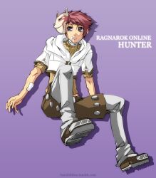  1boy bandaid bandaid_on_cheek bandaid_on_face boots brown_boots brown_shirt brown_shorts character_name commentary copyright_name cropped_jacket english_commentary fox_mask fumiddition grey_pants hunter_(ragnarok_online) jacket male_focus mask mask_on_head pants pants_under_shorts pink_hair purple_background purple_eyes ragnarok_online shadow shirt short_sleeves shorts solo white_jacket 