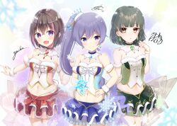  3girls :d absurdres aihara_tsubaki argentum_2o artist_collaboration bare_shoulders black_hair blue_eyes blush breasts brown_eyes brown_hair choker cleavage closed_mouth collarbone commentary_request cowboy_shot crop_top earrings fur_collar fur_trim groin hair_ornament hand_up heart highres jewelry layered_skirt long_hair looking_at_viewer medium_breasts midriff miniskirt multiple_girls navel nekosuzu_an ongeki open_mouth pleated_skirt purple_eyes purple_hair short_hair side_ponytail sidelocks signature skirt smile snowflakes stomach takase_rio very_long_hair yashin yuuki_riku 