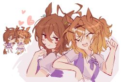  2girls agnes_tachyon_(umamusume) bow bowtie braid brown_hair cheromo159 closed_eyes closed_mouth elbow_on_another&#039;s_shoulder hair_between_eyes half_up_half_down_braid hand_up hands_up highres jungle_pocket_(umamusume) looking_at_another medium_hair multiple_girls pleated_skirt ponytail puffy_short_sleeves puffy_sleeves purple_bow purple_bowtie purple_shirt school_uniform shirt short_ponytail short_sleeves skirt smile tracen_school_uniform umamusume white_skirt yuri 