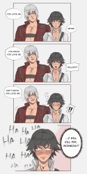  1boy 1girl blue_eyes blush coat dante_(devil_may_cry) devil_may_cry devil_may_cry_(series) devil_may_cry_3 green_eyes grey_background heterochromia highres jumpoon lady_(devil_may_cry) laughing no_shirt red_coat red_eyes shirt simple_background speech_bubble white_shirt 
