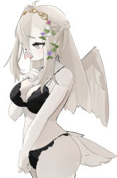  1girl absurdres beak bird_girl bird_tail black_bra black_panties bra braid breasts bright_pupils cowboy_shot cross-shaped_pupils enamika feathered_wings flower from_side furry furry_female gold_hairband grey_eyes hair_between_eyes hair_flower hair_ornament hairband half_up_braid highres lace lace-trimmed_bra lace-trimmed_panties lace_trim large_breasts long_hair long_sidelocks open_mouth original panties sidelocks simple_background solo symbol-shaped_pupils tail underwear underwear_only white_background white_fur white_hair white_pupils white_wings wings 