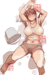  1girl blush braid braided_ponytail breasts chiba_shuusaku large_breasts long_hair looking_at_viewer ranma-chan ranma_1/2 red_hair see-through_clothes shirt simple_background single_braid solo water wet wet_clothes wet_hair wet_shirt white_background 
