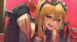  1girl absurdres arupaoka blonde_hair character_name fingernails gloves goggles goggles_on_head hammer highres holding holding_hammer hololive hololive_indonesia kaela_kovalskia kaela_kovalskia_(4th_costume) over_shoulder red_background red_eyes single_glove virtual_youtuber weapon weapon_over_shoulder 