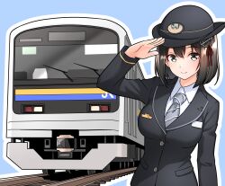  1girl alternate_costume black_hair black_hat black_jacket bob_cut breasts commentary_request commission diagonal-striped_clothes diagonal-striped_necktie east_japan_railway_company furaggu_(frag_0416) grey_necktie haguro_(kancolle) hair_ribbon hat highres jacket japan_railways jr_east_209_series kantai_collection large_breasts long_sleeves looking_at_viewer multiple_unit_train necktie pixiv_commission railroad_tracks red_ribbon ribbon salute shirt short_hair solo striped_clothes train train_attendant travel_attendant vehicle_focus white_shirt 