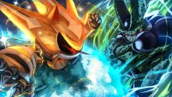  2boys 2kartz absurdres animal_ears animal_nose battle biomechanical black_sclera cell_(dragon_ball) colored_sclera colored_skin crossover dragon_ball dragonball_z fighting furry furry_male hedgehog_boy highres humanoid_robot jet_boots male_focus metal_sonic multiple_boys neo_metal_sonic perfect_cell pixel_eyes pointy_nose red_eyes robot sonic_(series) sonic_heroes sonic_the_hedgehog_(idw) super_neo_metal_sonic 