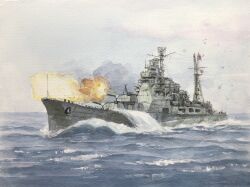  atelier_bono cloud cloudy_sky commentary_request cruiser firing heavy_cruiser highres imperial_japanese_navy military_vehicle no_humans ocean original painting_(medium) rising_sun_flag sailing ship ship_turret sky smokestack sunburst takao_(cruiser) traditional_media vehicle_focus warship watercolor_(medium) watercraft waves 