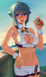 10s 1girl aquarion_(series) aquarion_evol bad_id bad_pixiv_id bare_shoulders breasts carton cleavage cleavage_cutout clothing_cutout fang female_focus food fruit green_hair groin hair_ribbon large_breasts midriff navel ocean open_mouth purple_eyes ribbon short_hair short_shorts shorts sideboob sky solo strawberry translated wall zessica_wong zzzalam 