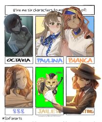  5girls 888_(reverse:1999) arm_on_another&#039;s_shoulder arm_tattoo backlighting belt_pouch bianca_(reverse:1999) black_hat black_jacket black_vest blue_eyes blue_hairband blue_neckerchief blue_skin blush brown_hair character_name colored_skin crown_of_thorns dark-skinned_female dark_skin fedora green_eyes hairband hat heads_together highres holding holding_own_arm holding_paper hunting_(reverse:1999) jacket jaguar jailer_(reverse:1999) ling_(chaaaaanhikari) long_hair low_ponytail multiple_drawing_challenge multiple_girls neckerchief necktie octavia_(reverse:1999) orange_hair paper paulina_(reverse:1999) peaked_cap polka_dot_neckerchief ponytail pouch profile red_necktie reverse:1999 shirt six_fanarts_challenge smile sword tattoo upper_body vest waistcoat weapon white_shirt yellow_eyes 