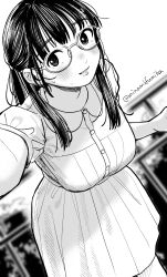  1girl artist_name blurry blurry_background blush breasts day glasses greyscale highres large_breasts lipstick long_hair looking_at_viewer makeup miyama_(kannsannn) monochrome original outdoors selfie short_sleeves smile sweatdrop 