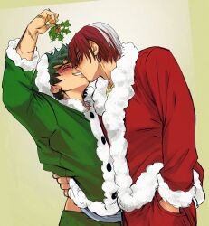  2boys alternate_costume blush boku_no_hero_academia burn_scar commentary freckles green_hair green_santa_costume hand_in_pocket hat highres holding holding_plant kiss male_focus midoriya_izuku multicolored_hair multiple_boys one-armed_hug plant red_hair santa_costume santa_hat scar scar_on_face short_hair split-color_hair todoroki_shoto two-tone_hair white_hair yaoi zazaraza33 