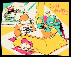  2019 4boys ajuka animal_ears baseball_cap cape crocodilian crown diddy_kong donkey_kong donkey_kong_(series) donkey_kong_country:_tropical_freeze fake_horns furry furry_male gorilla hat helmet horned_helmet horns joy-con king_k._rool kotatsu lord_fredrik male_focus monkey_ears multiple_boys nintendo red_cape snowman table under_kotatsu under_table viking 