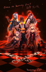  1boy 2019 4girls ahoge animal_ears black_bow black_bowtie black_dress black_gloves black_hairband black_leotard black_vest blonde_hair blue_hair bow bowtie breasts brown_hair brown_pantyhose checkered_floor cleavage collared_shirt copyright_name dated detached_collar dress drill_hair elbow_gloves fake_animal_ears fishnet_pantyhose fishnets full_body gloves grin guitar hair_intakes hairband high_heels highres index_finger_raised instrument kneeling leotard long_hair long_sleeves looking_at_viewer looking_over_eyewear lynn_minmay macross macross:_do_you_remember_love? macross_7 macross_delta macross_frontier medium_breasts mikumo_guynemer multiple_girls mylene_jenius nekki_basara pantyhose pink_hair playboy_bunny print_dress pumps purple_hair rabbit_ears round_eyewear ryu_(masu_nantoka-san) sheryl_nome shirt sitting sleeveless sleeveless_dress smile spiked_hair standing strapless strapless_leotard very_long_hair vest white_shirt wing_collar 