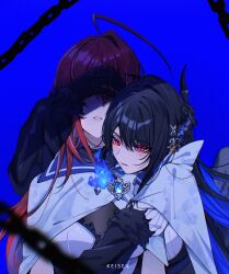  2girls ahoge artist_name asymmetrical_horns black_hair blue_background blue_coat blue_fire blue_hair blurry blurry_foreground coat covering_another&#039;s_eyes elizabeth_rose_bloodflame fire glowing glowing_eyes highres hololive hololive_english horns keisea long_hair mole mole_under_eye multiple_girls nerissa_ravencroft red_eyes red_hair simple_background slit_pupils uneven_horns upper_body virtual_youtuber 
