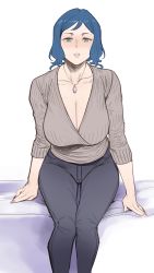 1girl absurdres arm_support bed black_beat blue_hair breasts cleavage denim female_focus green_eyes grey_pants gundam gundam_build_fighters highres iori_rinko jeans jewelry large_breasts looking_at_viewer mature_female necklace pants parted_lips ribbed_sweater short_hair sitting solo sweater white_background rating:Sensitive score:219 user:danbooru