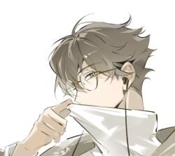  1boy alternate_costume arm_up bespectacled brown_eyes brown_hair commentary covered_mouth cropped fandangyu glasses haikyuu!! hashtag-only_commentary headphones highres long_sleeves looking_at_viewer male_focus oikawa_tooru_(haikyuu!!) parted_bangs profile round_eyewear shirt short_hair simple_background solo turtleneck white_background white_shirt 