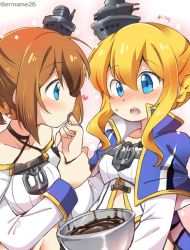 2girls arm_grab azur_lane blonde_hair blouse blue_eyes blush bowl braid brown_hair capelet chocolate crop_top eromame finger_in_another&#039;s_mouth french_braid hair_between_eyes halterneck licking licking_finger long_hair midriff multiple_girls navel open_mouth popped_collar renown_(azur_lane) repulse_(azur_lane) shirt surprised upper_body white_shirt yuri rating:Questionable score:11 user:danbooru