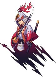  1girl absurdres armor clenched_teeth gauntlets helmet highres holding holding_sheath holding_weapon japanese_armor jongk_ok kabuto_(helmet) long_hair meira_(touhou) purple_eyes purple_hair solo teeth touhou touhou_(pc-98) transparent_background weapon 