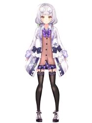  1girl absurdres ahoge alternate_costume black_thighhighs brown_shirt closed_mouth design_speculation dress eyewear_on_head glasses grey_hair highres hololive jacket looking_at_viewer low_twintails medium_hair murasaki_shion nyarurato0debu purple_dress shirt shoes smile solo thighhighs twintails virtual_youtuber white_jacket white_shoes yellow_eyes 