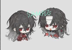 1boy 1girl :d coat coat_on_shoulders dress earrings formal_clothes full_body grey_background hair_between_eyes hand_in_pocket hoop_earrings jewelry long_hair looking_at_viewer open_mouth original parted_bangs qyzhiaiyisheng red_dress red_eyes sample_watermark smile suit watermark 