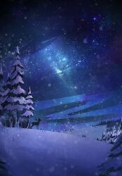  blue_theme dark forest hill horizon landscape light_particles nature night no_humans original outdoors painterly pine_tree scenery snow snowing tree winter zandra 
