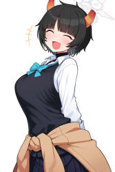  1girl alternate_costume arms_behind_back black_hair blue_archive blush bow bowtie breasts broken_horn closed_eyes clothes_around_waist dakini_tencho earrings fang from_side halo hoop_earrings horn_ornament horns jewelry large_breasts laughing mole mole_under_eye niya_(blue_archive) open_mouth school_uniform shirt shirt_around_waist short_hair skirt smile solo standing sweater_vest white_background white_shirt 