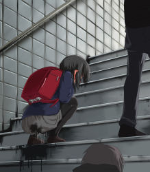  1girl 2boys backpack bag black_hair black_pantyhose blue_shirt blush brown_footwear crying ear_blush embarrassed from_behind full_body grey_background grey_skirt gyahu highres long_sleeves miniskirt multiple_boys nose_blush original pantyhose pee peeing peeing_self pleated_skirt randoseru school_uniform shirt shoes skirt solo_focus squatting stairs standing tears wet wet_clothes 