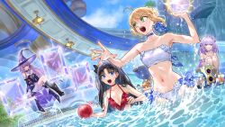  4girls artoria_pendragon_(fate) ball bikini black_dress blonde_hair blue_eyes breasts broom broom_riding brown_hair bubbles_(honkai:_star_rail) castorice_(honkai:_star_rail) chimera_(honkai:_star_rail) commentary_request dress fate/stay_night fate/unlimited_blade_works fate_(series) green_eyes guest_art hat herta_(honkai:_star_rail) highres holding holding_ball honkai:_star_rail honkai_(series) long_hair medium_breasts multiple_girls navel nipi27 pool purple_eyes purple_hair red_bikini saber_(fate) short_hair stomach swimsuit the_herta_(honkai:_star_rail) tohsaka_rin twintails very_long_hair white_bikini witch_hat 