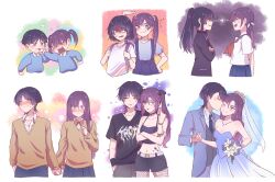  1boy 1girl aged_down aged_up alternate_costume alternate_hair_length alternate_hairstyle alternate_universe androgynous aqua_eyes aqua_sleeves arm_around_shoulder arm_at_side arm_behind_back arm_over_shoulder backpack bag bandaid bandaid_on_face bare_shoulders belt black_camisole black_choker black_shirt black_shorts black_track_suit blouse blue_dress blue_necktie blue_sailor_collar blue_skirt blunt_bangs blunt_ends blush bouquet bow bowtie bracelet braid breasts bridal_veil brown_cardigan brown_sleeves buckle camisole cardigan cheek_pinching child choker cleavage closed_eyes collarbone collared_shirt contemporary couple crescent_tattoo cropped_shirt cross cross_choker cross_earrings crossed_arms dress dress_shirt ear_piercing earrings eye_contact eyeliner eyes_visible_through_hair eyeshadow face-to-face feathers fishnet_thighhighs fishnets flame_tattoo flower genshin_impact grabbing_another&#039;s_hair gradient_hair grey_vest hair_between_eyes hair_down hair_flower hair_ornament hair_scrunchie hairclip half_up_braid hand_in_pocket hand_up heart height_difference hetero high_ponytail highres holding holding_bouquet holding_hands jacket jewelry kindergarten_uniform kiss kissing_cheek lapels layered_sleeves lightning_glare long_sleeves looking_at_another looking_at_viewer looking_down looking_to_the_side looking_up makeup middle_ring midriff mona_(genshin_impact) multicolored_hair navel naysucc neckerchief necklace necktie one_eye_closed open_clothes open_jacket open_mouth parted_bangs parted_lips piercing pinching pink_shirt pleated_skirt pom_pom_(clothes) ponytail puberty puffy_sleeves purple_bag purple_bow purple_eyes purple_jacket purple_skirt purple_sleeves red_bow red_bowtie red_eyeliner red_eyeshadow red_neckerchief sailor_collar scaramouche_(genshin_impact) school_uniform scrunchie serafuku shaded_face shirt short_eyebrows short_hair shorts shoulder_tattoo sidelocks sideways_glance skirt sleeveless sleeveless_dress sleeveless_shirt smug spaghetti_strap star_tattoo strapless strapless_dress string suit_jacket suspender_skirt suspenders t-shirt tattoo thighhighs time_lapse tongue tongue_out track_suit trembling twintails v-shaped_eyebrows veil vest wanderer_(genshin_impact) wavy_mouth wedding white_background white_belt white_flower white_scrunchie white_serafuku white_shirt white_sleeves white_undershirt white_veil wrist_wrap wristband yellow_feathers 
