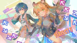  2girls animal_ear_fluff animal_ears arrow_(symbol) belle_(zenless_zone_zero) black_gloves blonde_hair blue_hair commentary dancing english_commentary english_text fingerless_gloves gloves green_eyes highres jacket ju_fufu kirabunni long_hair long_sleeves multiple_girls open_mouth shirt short_hair shorts smile tail tiger_ears tiger_girl zenless_zone_zero 