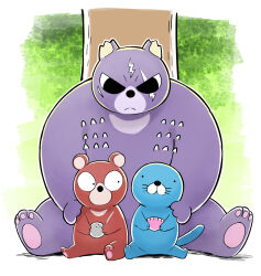 bear bonobono bonobono_(character) character_request closed_mouth facial_scar flying_sweatdrops highres higuma_no_taishou holding holding_shell kinoshita_jiroh no_humans otter scar scar_across_eye scar_on_cheek scar_on_face shell sitting tree under_tree whiskers 