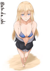  1girl absurdres alternate_costume atodashi bikini bikini_under_clothes bismarck_(kancolle) blonde_hair blue_bikini blue_eyes breasts hair_between_eyes highres kantai_collection large_breasts long_hair looking_at_viewer navel solo standing swimsuit very_long_hair 
