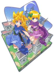  1boy 1girl 2019 blonde_hair blue_eyes blue_tunic blunt_ends bob_cut boots border bow brother_and_sister castle child cloak commentary_request crescent_moon dated dragon_quest dragon_quest_v floating_clothes gloves green_bow hair_bow hero&#039;s_daughter_(dq5) hero&#039;s_son_(dq5) highres index_finger_raised looking_at_viewer low_ponytail moon naox pink_cloak pink_tunic ponytail short_hair siblings smile spiked_hair sword sword_on_back tunic twins weapon weapon_on_back white_border white_gloves 