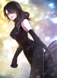 1girl bad_id bad_twitter_id black_dress black_hair cinder_fall dress earrings ecru elbow_gloves female_focus gloves hair_over_one_eye jewelry lipstick makeup one_eye_covered rwby smile solo yellow_eyes rating:Sensitive score:29 user:danbooru