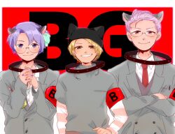  3boys animal_collar black_hat closed_mouth collar coo_erhard crossed_arms di_gi_charat dog_boy glasses grey_jacket grey_shirt grin hat jacket komewatari ky_schweitzer looking_at_viewer male_focus multiple_boys pink_hair purple_hair purple_nails rik_heisenberg shirt short_hair smile  rating:General score:0 user:danbooru