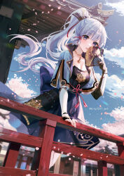  1girl architecture arm_guards armor ayaka_(genshin_impact) blue_eyes blue_hair breastplate breasts building cleavage cloud commentary_request day east_asian_architecture falling_petals feet_out_of_frame floating_hair flower_knot genshin_impact hair_ornament hair_ribbon hand_fan hand_on_railing hand_up highres holding holding_fan japanese_armor japanese_clothes kamisato_clan_(emblem) kity1211_tetsu long_hair looking_at_viewer medium_breasts outdoors parted_lips petals ponytail railing ribbon solo twitter_username very_long_hair wooden_railing 
