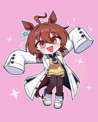  1girl :d absurdres agnes_tachyon_(umamusume) ahoge animal_ear_piercing animal_ears arms_up black_necktie black_pantyhose black_shirt brown_hair chemical_structure chibi chibi_only collared_shirt commentary_request deformed earrings full_body hair_between_eyes highres horse_ears horse_girl horse_tail jewelry jorang_(jorang08) lab_coat long_sleeves looking_at_viewer necktie open_clothes open_mouth pantyhose pink_background red_eyes shirt shoes short_hair simple_background single_earring sleeves_past_fingers sleeves_past_wrists smile solo standing sweater_vest tail umamusume white_shoes yellow_sweater_vest 