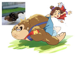  1boy 1girl barefoot blue_eyes blue_overalls brown_fur brown_hair cat donkey_kong donkey_kong_(series) donkey_kong_bananza freckles gorilla hilantix necktie nintendo overalls pauline_(mario) pauline_(young)_(mario) photo-referenced red_necktie reference_inset twitter_username 