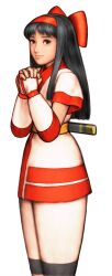  1girl ainu ainu_clothes black_hair bow brown_eyes capcom_vs_snk detached_sleeves elbow_gloves fingerless_gloves game_cg gloves hair_bow hairband hand_up highres huge_bow kodachi long_hair looking_at_viewer mori_toshiaki nakoruru non-web_source official_art own_hands_together red_bow red_hairband samurai_spirits sheath short_sword simple_background solo sword the_king_of_fighters upper_body weapon white_background 