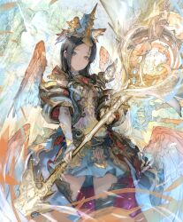  1girl angel_wings black_eyes black_hair boots breasts bridal_gauntlets dress elana_(shadowverse) feathered_wings gorilla_(mushimushiland) hat holding holding_staff indoors knee_boots long_hair looking_at_viewer magic medium_breasts miniskirt official_art parted_bangs pleated_skirt shadowverse skirt solo staff standing thick_thighs thighs two-tone_dress white_skirt white_wings wings yellow_dress yellow_hat 