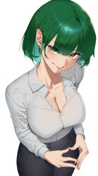  1girl absurdres black_pants blush breasts cleavage closed_mouth ear_piercing eyebrows_hidden_by_hair fidgeting from_above green_eyes green_hair highres kiji_711 large_breasts lips looking_at_viewer office_lady original pants piercing shadow shirt simple_background solo white_background white_shirt 