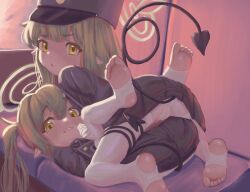  2girls black_shorts black_skirt blonde_hair blue_archive commentary_request demon_girl demon_tail girl_on_top green_hair green_halo halo hat highres hikari_(blue_archive) loli long_hair looking_at_viewer miniskirt multiple_girls no_shoes nozomi_(blue_archive) open_mouth pantyhose parted_lips partial_commentary pointy_ears senvik69 short_shorts shorts siblings sisters skirt soles stirrup_legwear tail tail_around_another&#039;s_leg tail_wrap toeless_legwear toes twins twintails white_pantyhose yellow_eyes 