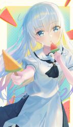  1girl :o absurdres aqua_background ascot black_ascot blue_eyes blush border commentary cowboy_shot dual_wielding eyelashes eyes_visible_through_hair film_grain floating_hair flowingcrescent food hair_between_eyes hand_up highres holding holding_food holding_popsicle incoming_food long_hair looking_at_viewer naruse_shiroha open_mouth outside_border outstretched_arm polka_dot polka_dot_background popsicle puffy_short_sleeves puffy_sleeves sailor_collar school_uniform serafuku shirt short_sleeves sidelocks simple_background skirt solo summer_pockets summer_pockets_school_uniform very_long_hair watermelon_bar white_border white_hair white_sailor_collar white_serafuku white_shirt white_skirt 