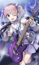  1girl :d belt black_choker black_socks blue_hair blue_neckerchief blue_ribbon blurry blurry_background bracelet breast_pocket choker commentary depth_of_field earrings foot_out_of_frame fur_bracelet girls_band_cry glint gradient_hair grey_eyes grey_jacket guitar guitar_strap hair_ornament hands_up highres hina_(girls_band_cry) holding holding_guitar holding_instrument holding_microphone instrument jacket jacket_partially_removed jewelry kneehighs leg_up lens_flare light_blush long_sleeves looking_at_viewer medium_hair microphone microphone_stand miniskirt multicolored_hair neckerchief one_eye_closed open_clothes open_jacket open_mouth pendant_choker pink_hair plaid_clothes plaid_jacket pocket pom_pom_(clothes) pom_pom_hair_ornament print_skirt purple_skirt ribbon ribbon_hair sailor_collar sailor_shirt shirt shoes short_twintails skirt sleeveless sleeveless_shirt smile socks solo stage_lights standing standing_on_one_leg striped_choker twintails two-tone_choker white_belt white_choker white_shirt white_shoes white_sleeve_cuffs yanagi_marie 
