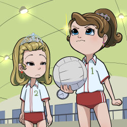  2girls angry attack_no_1 ayuhara_kozue ayuhara_kozue_(cosplay) ball blonde_hair blue_eyes blush brown_eyes brown_hair buruma clock cosplay crossover disney earrings gym gym_uniform hayakawa_midori hayakawa_midori_(cosplay) holding jewelry long_hair multiple_girls oira_wa_arumajiro parody ponytail princess princess_amber red_buruma shirt short_sleeves siblings sisters sofia_(disney) sofia_the_first standing tiara volleyball_(object) white_shirt window 
