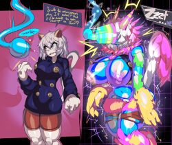 1girl 2koma absurdres animal_ears bike_shorts breast_expansion breasts captain_kirb cat_ears cat_girl cat_tail comic deltarune doll_joints english_text highres hunter_x_hunter instant_loss joints long_sleeves mind_control minidress motion_lines neferpitou nipples pussy short_hair tail thick_thighs thighs torn_clothes transformation wardrobe_malfunction werewire wide_hips yellow_eyes