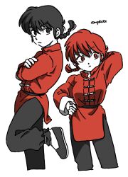  1boy 1girl absurdres arm_behind_head artist_name black_eyes black_hair black_pants braid dual_persona highres limited_palette looking_at_viewer mpkuts pants ranma-chan ranma_1/2 red_eyes red_hair red_shirt saotome_ranma shirt simple_background standing standing_on_one_leg white_background 