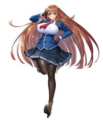 00s 1girl aoi_nagisa_(metalder) black_pantyhose breasts brown_hair curvy female_focus full_body game_cg highres huge_breasts koukawa_asuka large_breasts lilith-soft long_hair looking_at_viewer nipples pantyhose school_uniform shiny_skin skirt smile solo taimanin_(series) taimanin_asagi taimanin_rpgx rating:Questionable score:85 user:deltaonix