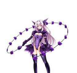  1girl armor black_thighhighs breasts cleavage cleavage_cutout clothing_cutout corruption covered_erect_nipples covered_navel dark_exs-tia dark_persona elbow_gloves game_cg gloves gluteal_fold hair_intakes headgear highleg highleg_leotard holding holding_weapon inoino katsuragi_marina kouyoku_senki_exs-tia large_breasts large_variant_set leotard long_hair looking_at_viewer medium_breasts non-web_source official_art open_mouth pink_eyes pubic_tattoo pubic_tattoo_through_clothing purple_eyes purple_leotard shiny_clothes showgirl_skirt skirt solo standing tattoo thighhighs transparent_background variant_set weapon whip_sword white_hair 