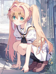 1girl akayama_yukihe arm_support ascot black_ascot black_socks blonde_hair blush brown_shoes closed_mouth commentary_request day flower full_body grass green_eyes hair_between_eyes hair_intakes hair_ornament highres kneehighs leaning_forward loafers long_hair looking_at_viewer miniskirt outdoors puffy_short_sleeves puffy_sleeves sailor_collar school_uniform serafuku shirt shoes short_sleeves sidelocks skirt smile socks solo split_mouth squatting stairs summer_pockets sweater_vest torii tsumugi_wenders twintails very_long_hair white_flower white_sailor_collar white_serafuku white_shirt white_skirt x_hair_ornament yellow_flower yellow_sweater_vest rating:General score:4 user:danbooru